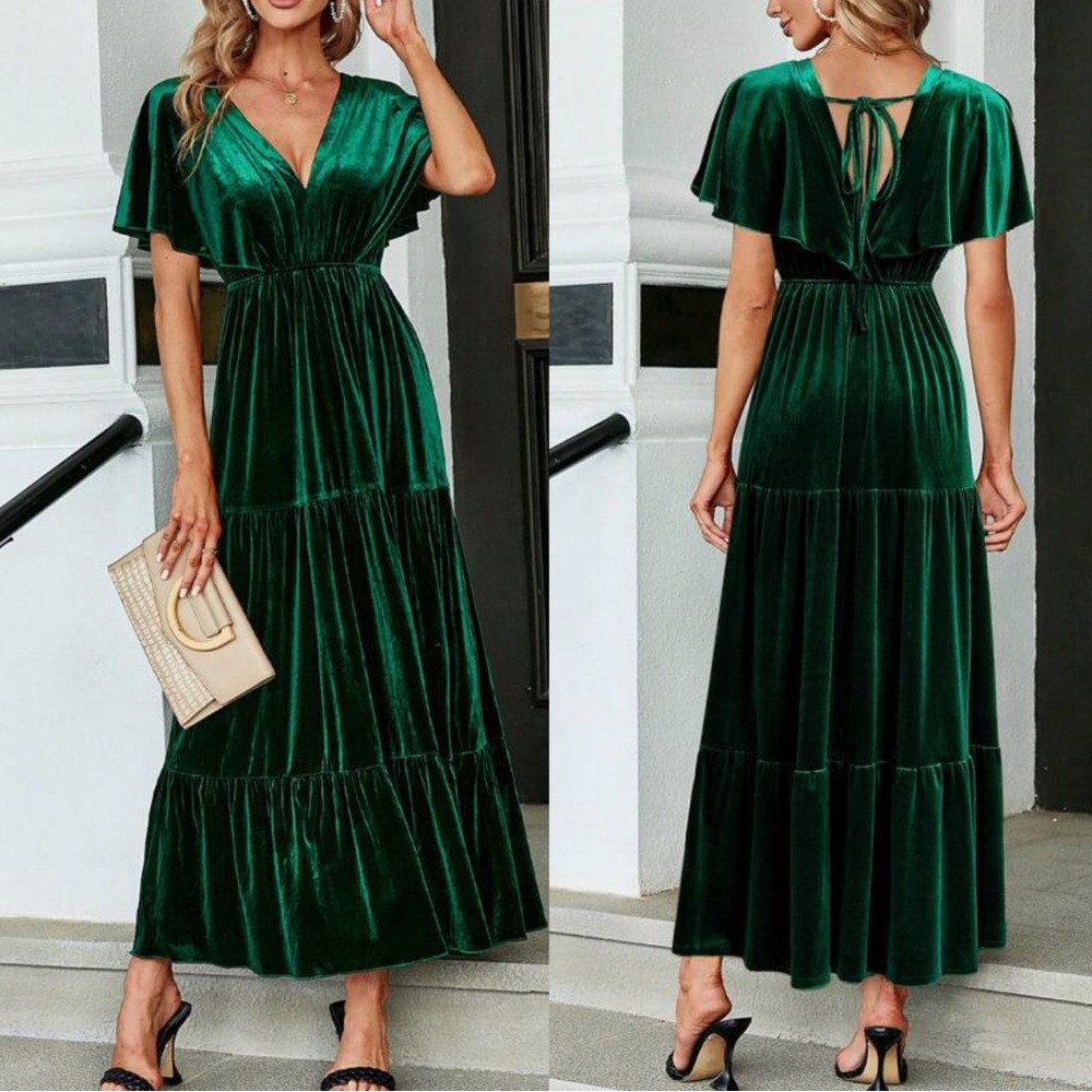 Elegant velvet Butterfly Sleeve Evening Formal Black Tie Wedding Maxi Dress - Picture 2 of 3